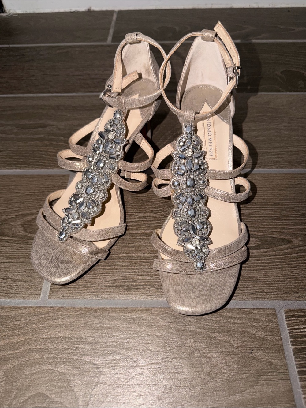 Antonio Melani Champagne Jeweled Leather Strappy Heels